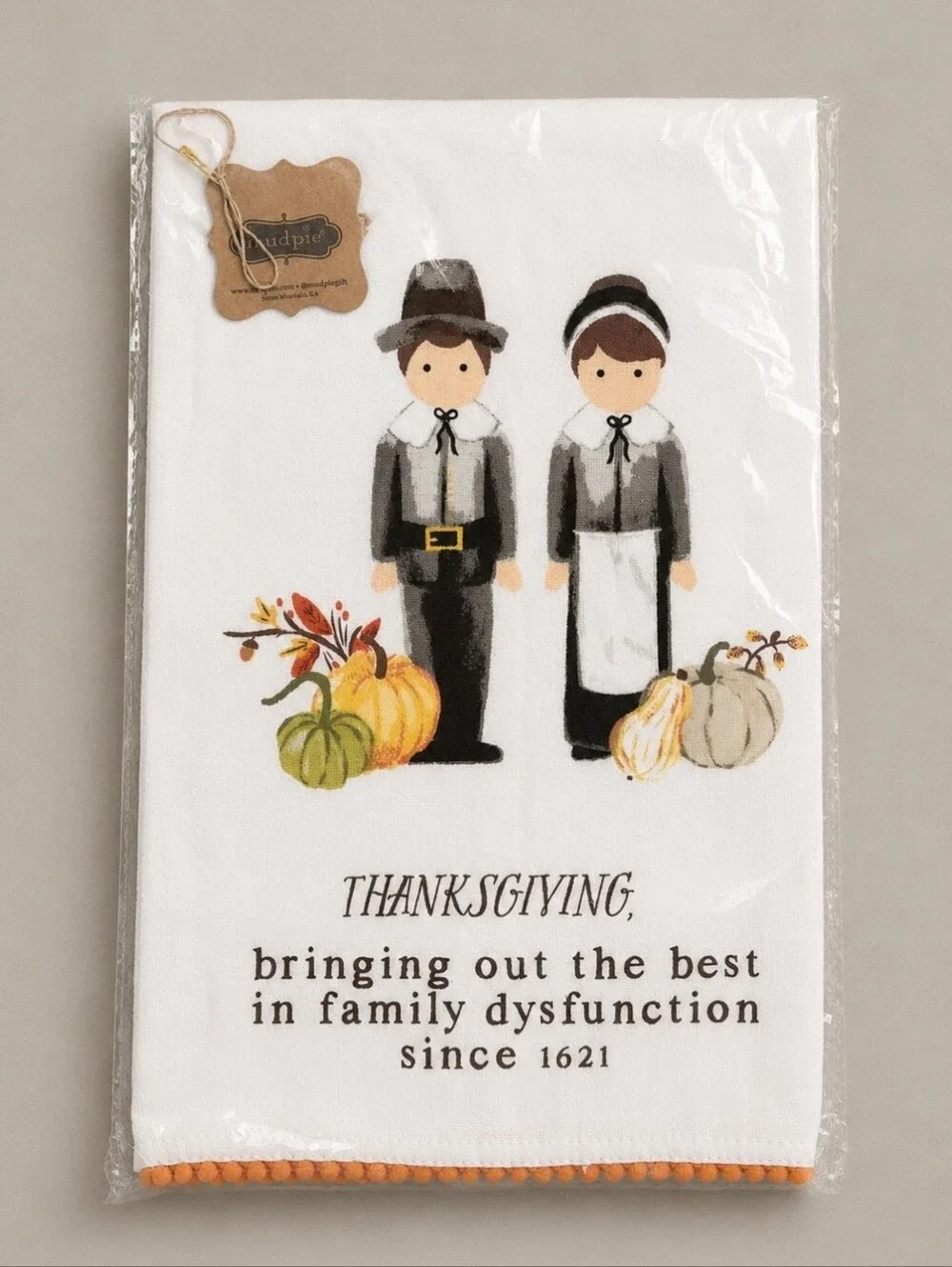 Mud Pie Thanksgiving Pilgrims Towel Family Dysfunction Pom Trim NWT